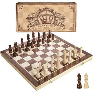 15 Inches Magnetic Wooden Chess Set - 2 Extra Queens - Folding Board - Pieces Storage Slots, Handmade Portable Travel Chess Game - Beginner Chess Set for Kids Age 6 and Up