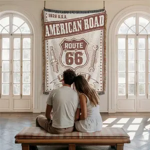 Route 66 Pattern Home Decor Yarn Woven Wall Art Tapestry for Bedroom Dorm Living Room- with Fringe Tassels Not Printed - Multipurpose Design Soft Boho H Chair Couch Bed Cover Throw Towel Slipcover Travel Garden Outdoor Camping Picnic Beach