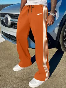 Men's Side Stripe Graphic Print Straight Leg Knit Pants, Street Fashion Streetwear Casual Loose Fit Pants for Daily Wear, Men's Trousers for All Seasons
