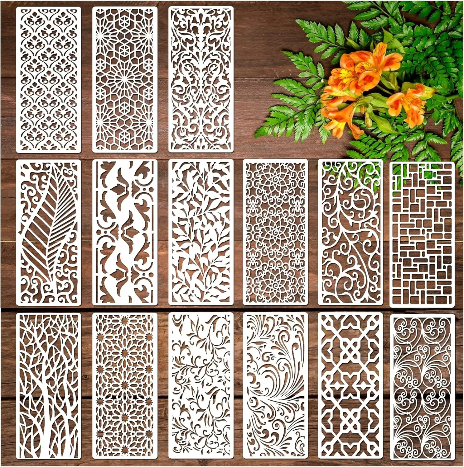 15-Pcs Reusable Multi-Surface Vine Painting Template Set (0.25mm, 5.1x11.8 Inches) for Wooden DIY Crafts, Canvas Fabrics, Craft Paper Home Decoration