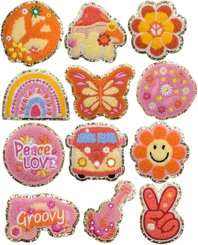 12PCS Chenille Patches Groovy Flowers Hippie Iron on Patches Vintage Love Peace Sew on Embroidered Applique Patches Aesthetic Applique Embellishments for Jackets Backpacks and DIY Decorations