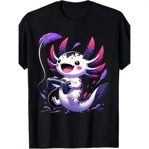 Men's Casual Cotton T-shirt with Cute Axolotl Game Design-Short Sleeve, round Neck, Machine Washable, Perfect for Everyday Outing