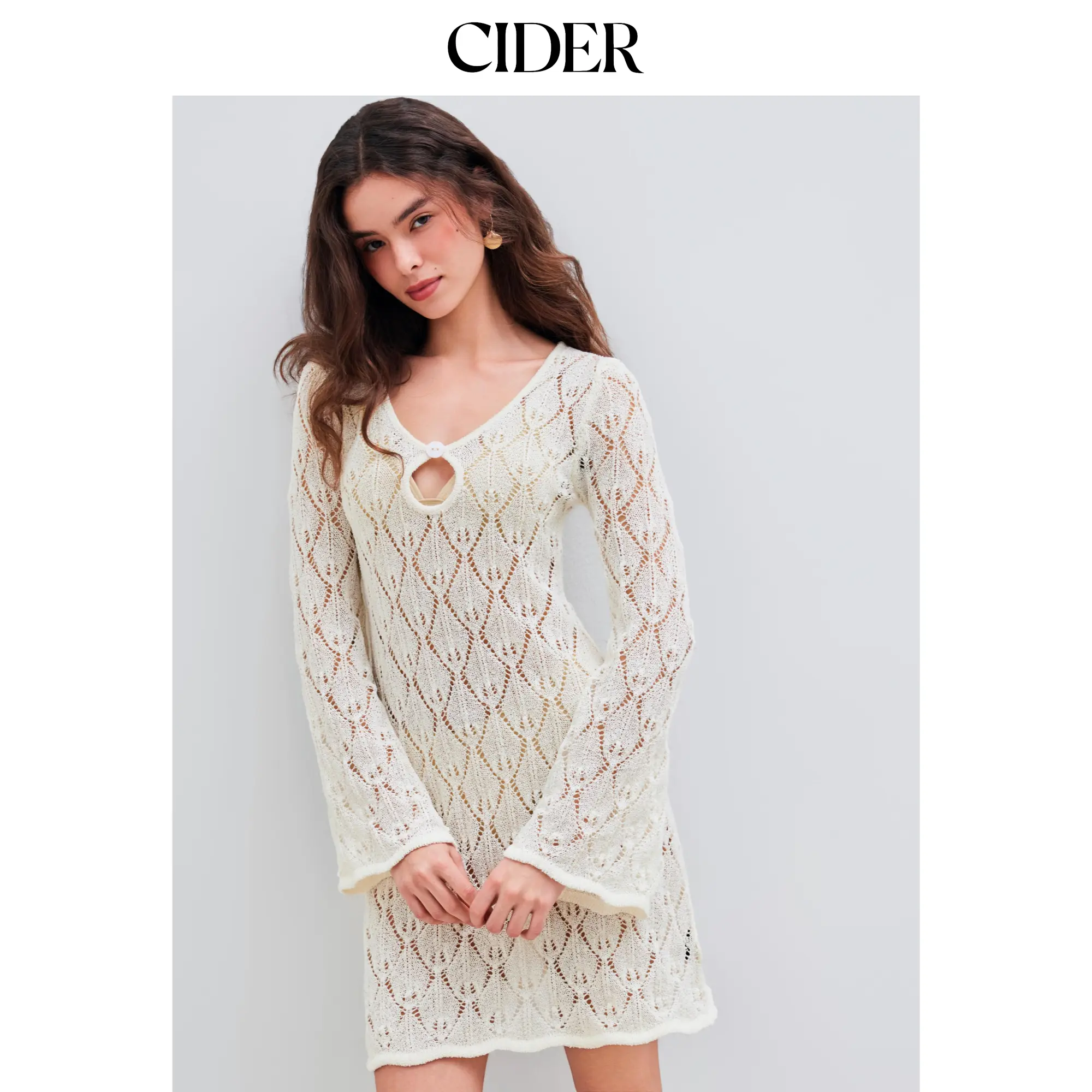 Cider Women's Acrylic Long Sleeve Scoop Neck Knit Mini Dress - Bodycon, See-Through, Cut Out Detail Women Knitwear for Casual Wear