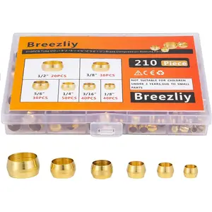 210PCS Tube OD（1/8" 3/16" 1/4" 5/16" 3/8" 1/2") Brass Compression Sleeves Ferrules,6 Sizes Brass Compression Fitting Assortment Kit