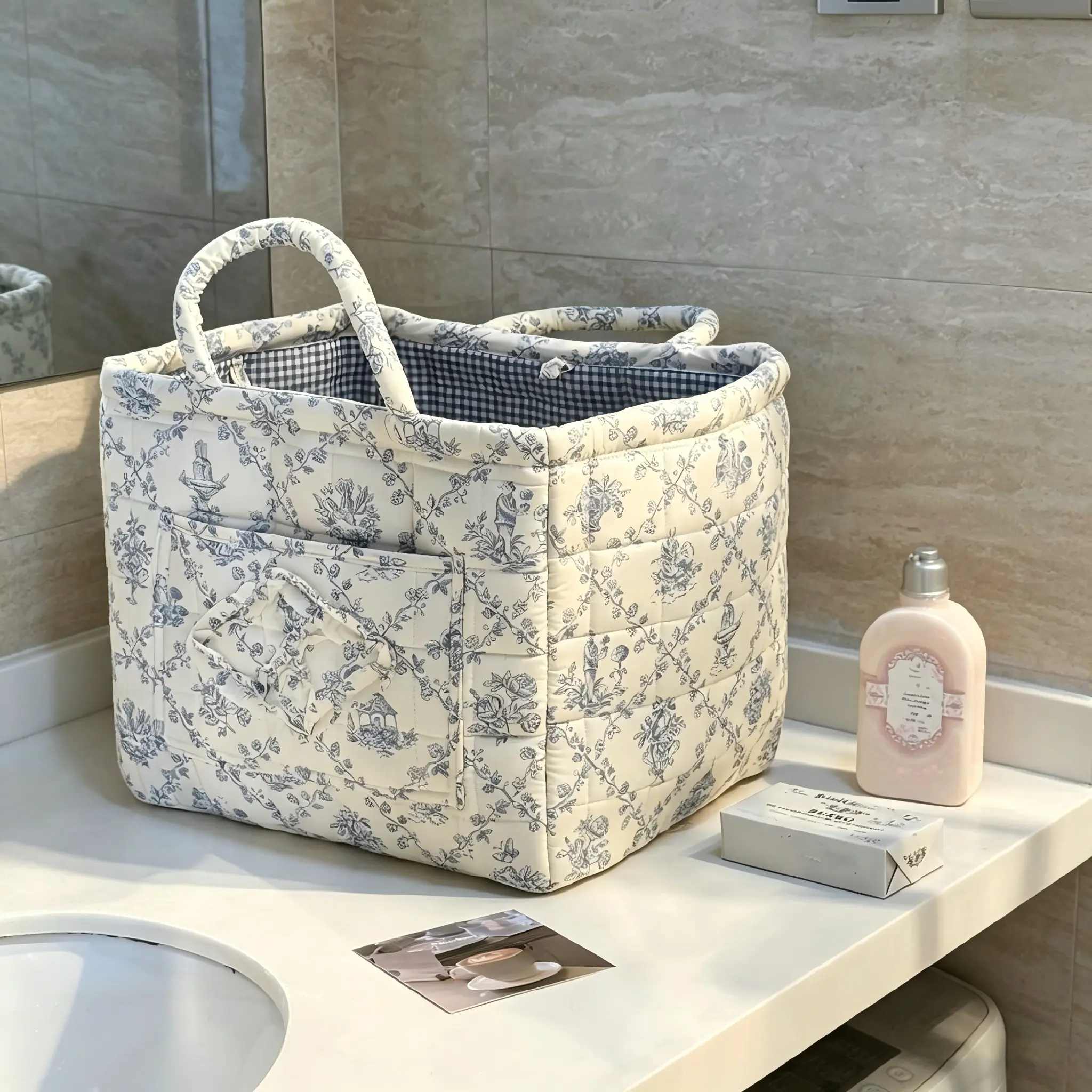 Foldable Washable Fabric Car Storage Basket with Handle - Farmhouse Floral Home Organizer Bin for Toys, Grocery Shopping, Mother's Day Gift