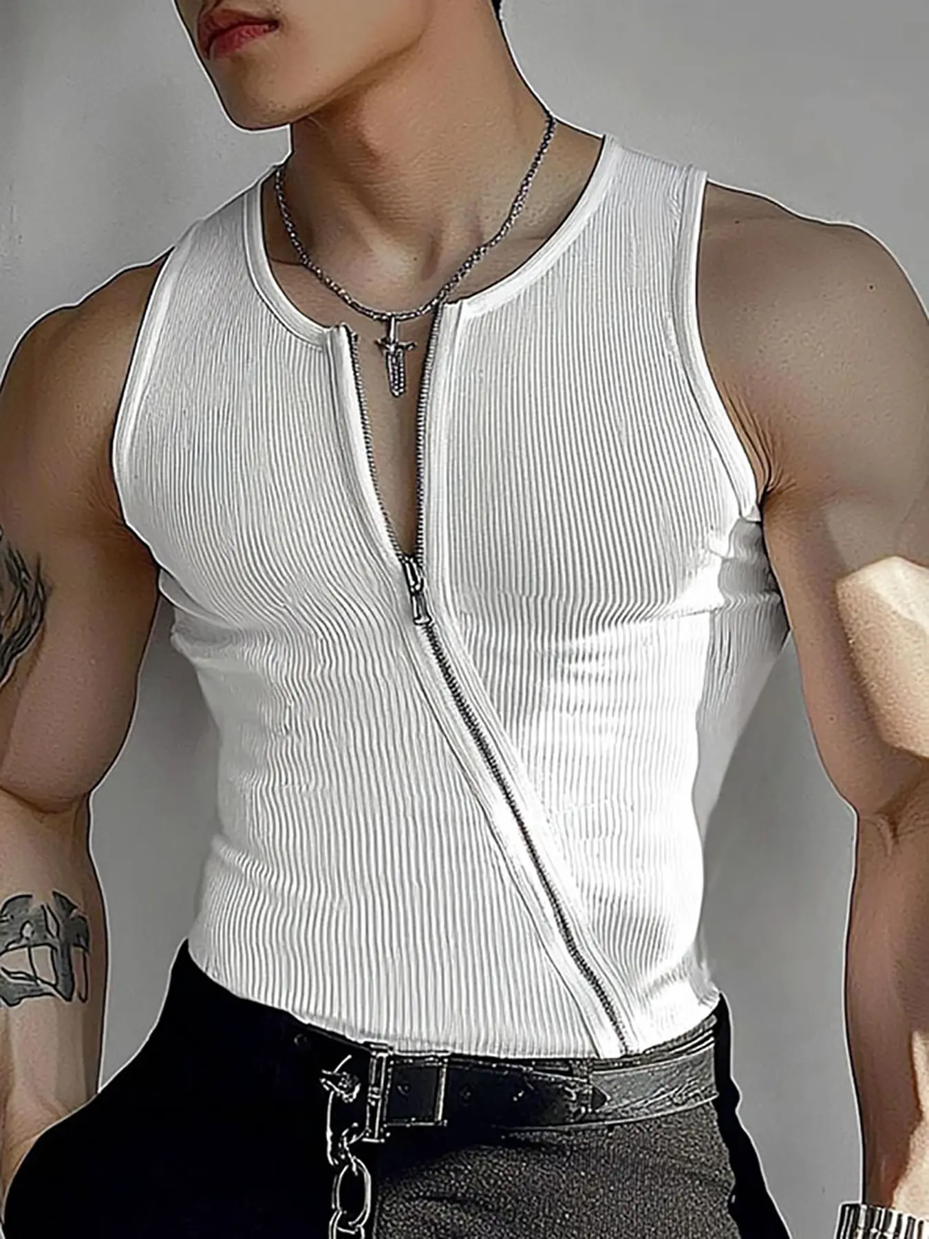 INCERUN  Men's Fashion Street Vest, Sleeveless Solid Color Zipper Design Tight-Fitting Tank, Casual Daily Wear