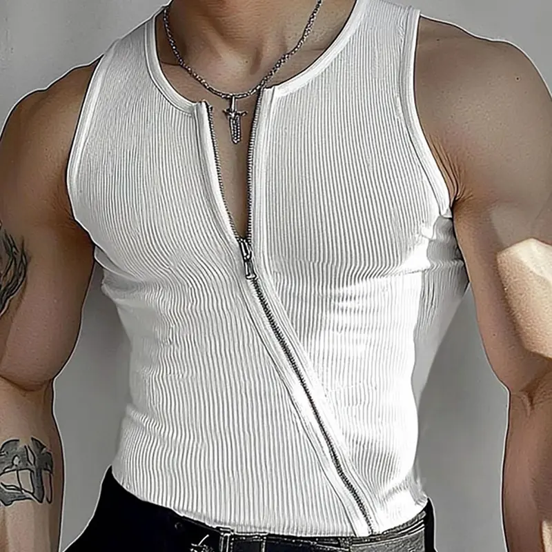 INCERUN  Men's Fashion Street Vest, Sleeveless Plain Solid Color Zipper Design Tight-Fitting Tank, Casual Daily Wear