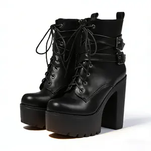 Women Chunky Goth Ankle Boots Platform High Heel Punk  Fashion Show Model Thick High-Heel Short Boots With Front Lace-Up And Buckle Decoration European And American Sexy Nightclub Gothic Style