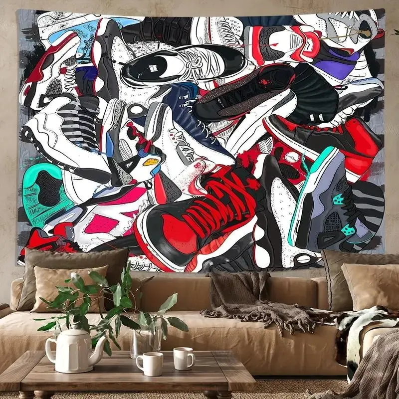 Modern Basketball Shoe Print Polyester Tapestry, 1-Count Durable Wall Hanging for Living Room, Bedroom Home Decor Supplies