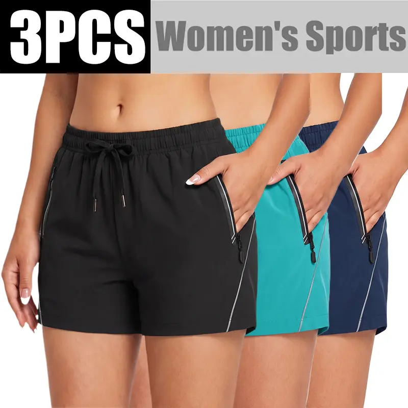 Women’s casual athletic shorts with pockets, 3/1 piece (runs large—order smaller). Elastic waistband shorts, quick-drying and breathable, with zippered pockets; fitness and leisure wear for gym workouts that are slimming and won’t show bulges; running sho