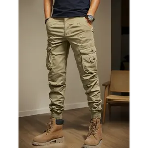 Men's Casual Cargo Pants with Side Flap Pockets - Durable Polyester, Elastic Waistband, Perfect for All Seasons