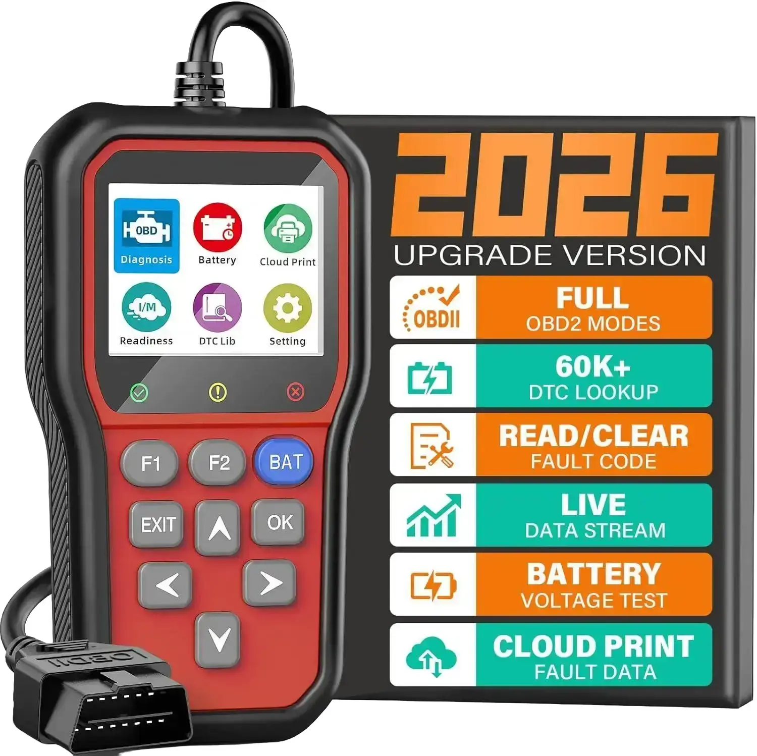 Bluson YM319 OBD2 Scanner Diagnostic Tool with Battery Tester, Check Engine Fault Code Reader with Live Data, Cloud Printing, DTC Lookup, Freeze Frame, Scan Tool for All OBDII Cars since 1996, Red BluSon