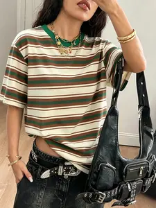 Striped Loose Fit T-Shirt, American Vintage Short Sleeve, Commuter Casual Basic Top, Comfortable Daily Wear, Womenswear Everyday