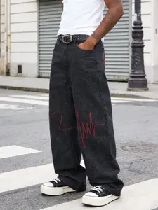 Men's Vintage Y2K Style Streetwear Loose Fit Denim Jeans, Floral Embroidery Straight Leg Jeans, Street Fashion Hip Hop Boyfriend Pants, Menswear