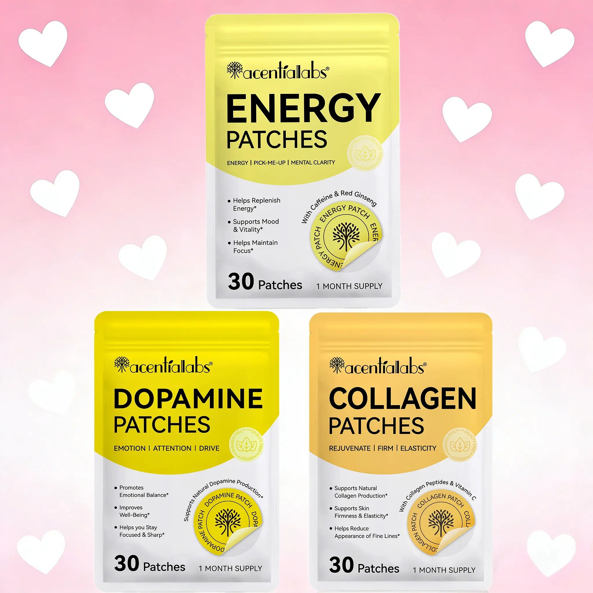 90 pieces of Acentiallabs Natural patches: Dopamine patches + Energy patches + Collagen patches.