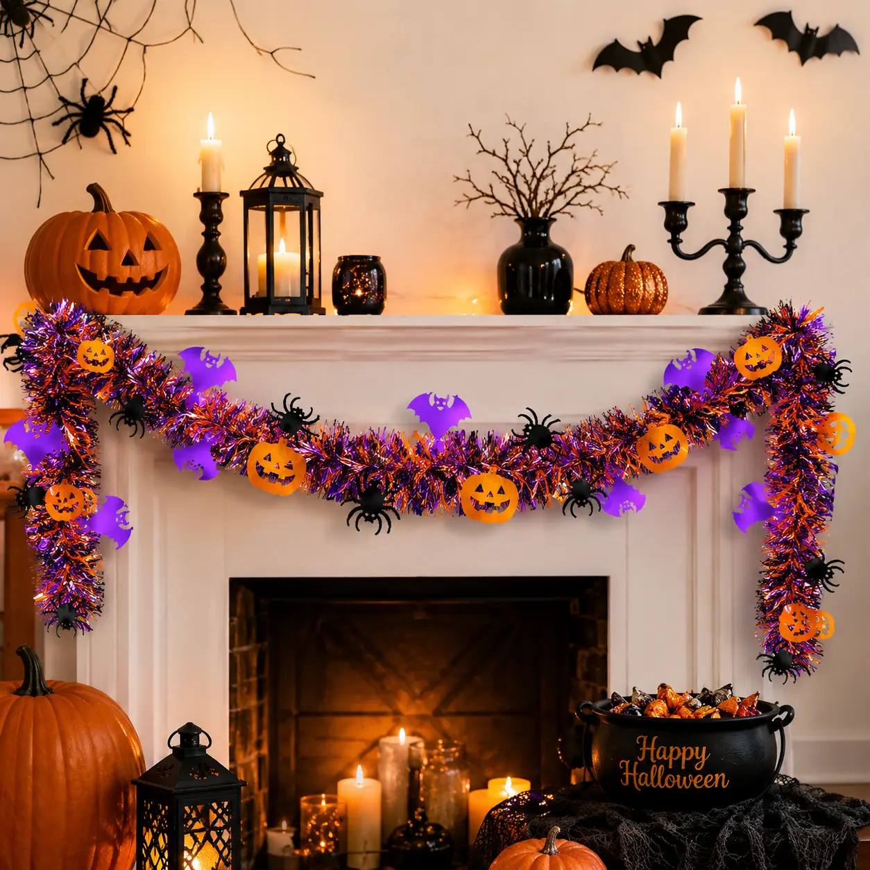 50FT Halloween Garland with Pumpkins Spiders Bats – Sparkling Metallic Tinsel Decor for Fireplace Mantel Tree, Indoor Outdoor Party Supplies Silk Hair Band Sleep Cap, Decoration, Spooky, Ornaments, Lightweight