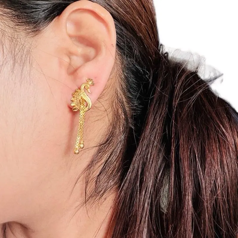 Women's Peacock Drop Statement Earrings - Gold-Tone Metal with Hanging Chain, Geometric Animal Bird Motif, No-Frills Costume Jewelry Fashion Accessory for Daily Casual Wear