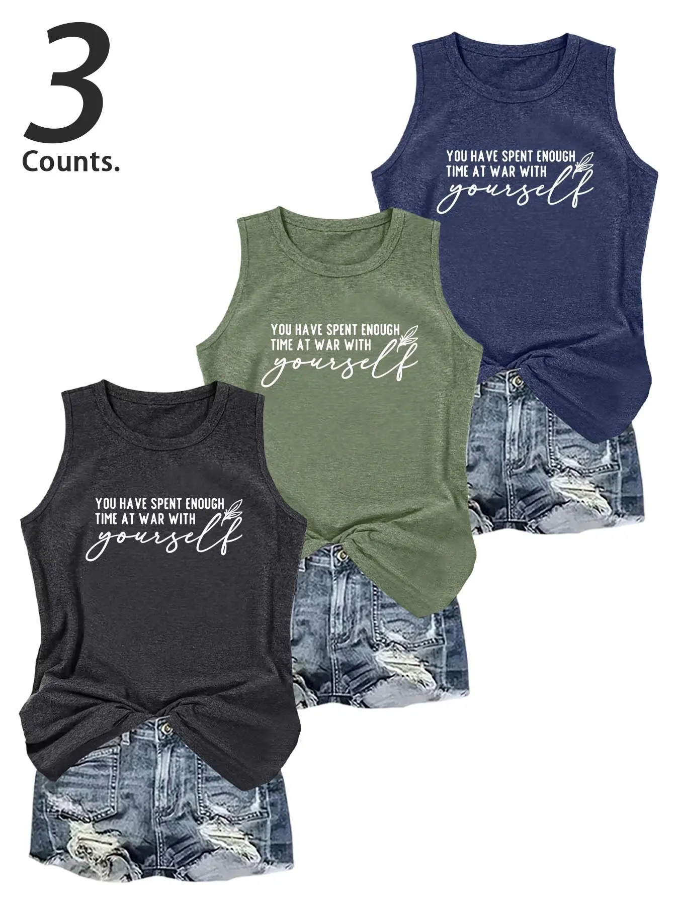 Women's  Round Neck Letter Printed Tank Sleeveless Top, Casual Sleeveless Top for Summer, 3 Pieces Tanks Ladies Clothes for Daily Wear