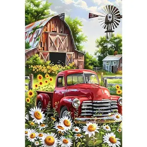 1PCS Vintage Red Truck Sunflower Barn Windmill Diamond Painting Kit DIY Home Decor Craft