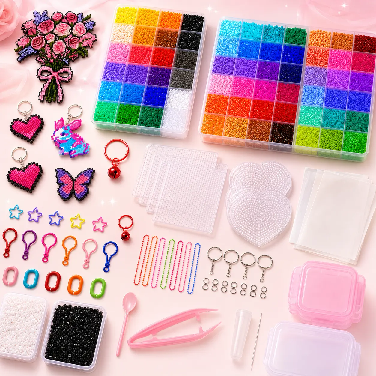 24/48/72/96 Colors DIY Fuse Beads Craft Set Complete Kit with Storage Case Pegboards Tweezers Ironing Paper for Creative Art Handmade Gifts Home Activities Educational Toys for Kids & Adults Alphabet perler