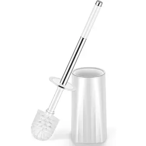 Toilet Brush and Holder Set Compact Toilet Bowl Brush with Stainless Steel Handle Hard Bristles Drip-Proof Easy to Assemble Deep Cleaning White