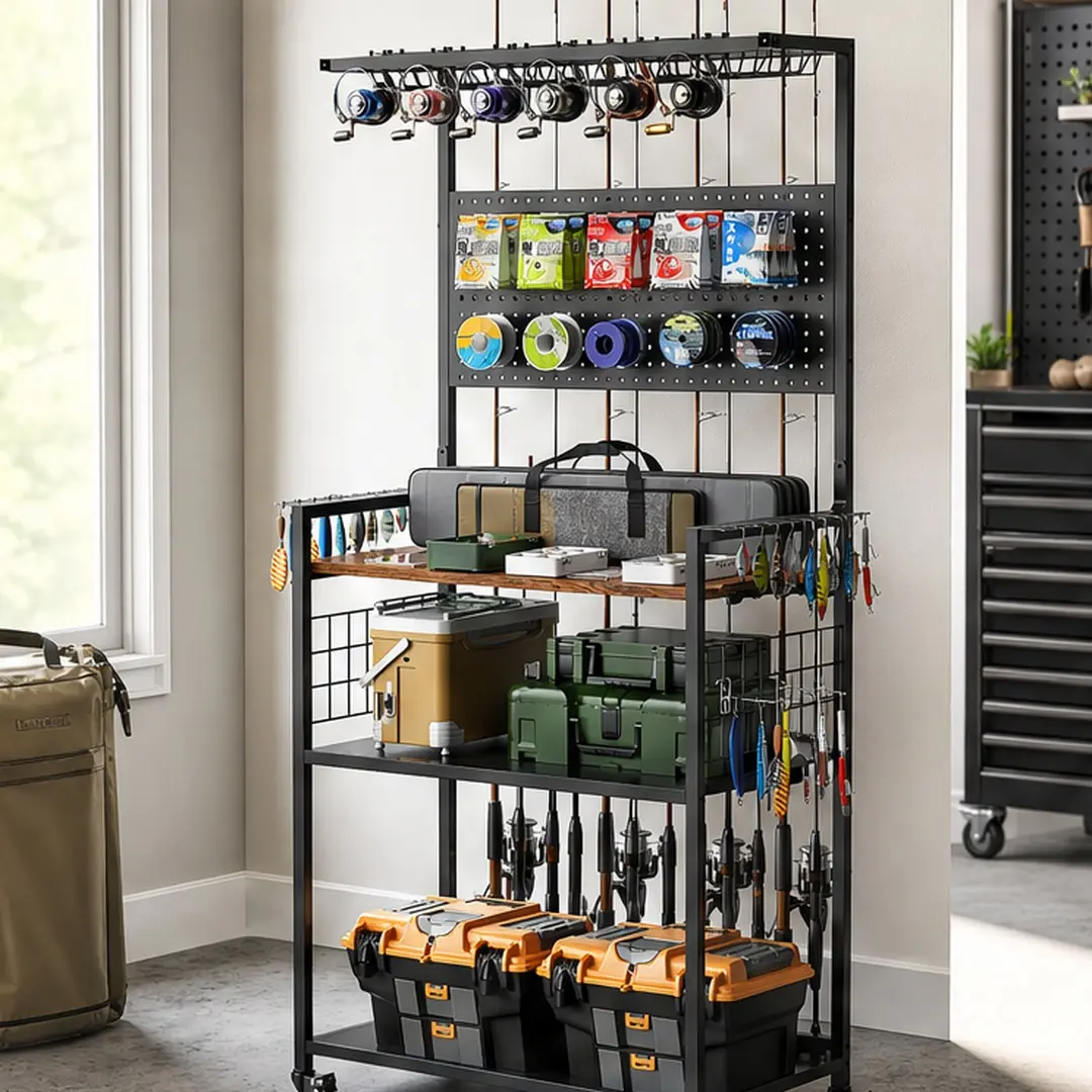 ARCH Fishing Rod Storage Rack with Pegboard Rolling Tackle Organizer Cart Multi-Tier Gear Stand for Rods Reels Tackle Boxes Bags Heavy Duty Metal Holders Lockable Wheels Black MDF+Metal Garage Fishing Room Clutter-Free 4-in-1 System