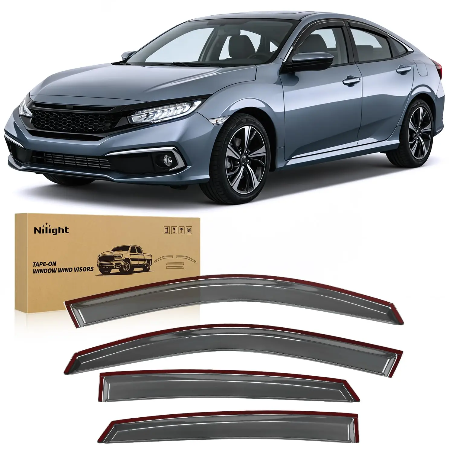 Nilight Tape-On Acrylic Side Window Deflectors & Visors for Honda Civic Sedan 2016-2021, 4PCS Smoke Tinted, Better Fit, Reduced Wind Noise, Enhanced Ventilation, All Weather Car Exterior Accessories - Not for Hatchback
