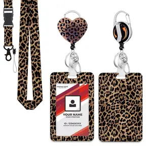Stylish ID Badge Holder Set with Retractable Reel and Lanyard, Heart-Shaped Badge Clip for Nurses and Office Workers, Double-Sided Leopard Print Badge Strap for Cards and Keys, Badge Reels Retractable