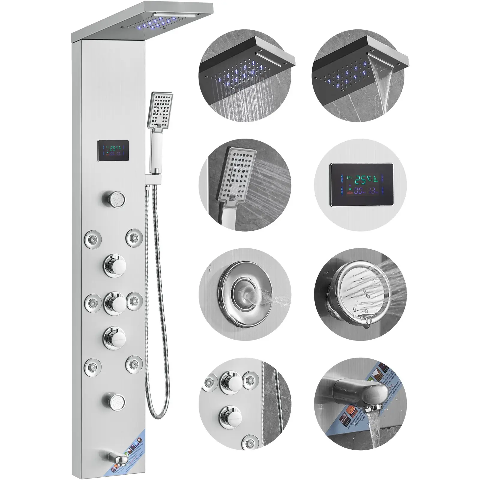 【DealsForYouDays】VEVOR Shower Panel System, 6 Shower Modes, LED Screen Hydroelectricity Shower Panel Tower, Rainfall, Waterfall, 8 Massage Jets, Tub Spout, Handheld Shower, Stainless Steel Wall-Mounted Shower Set