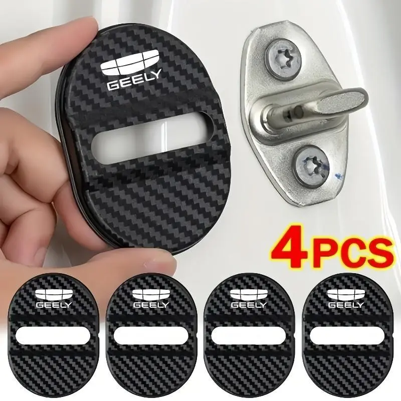 Geely Car Door Lock Buckle Cover Set (4pcs), Carbon Fiber Texture Car Exterior Accessory, Vibration Reduction, Noise Insulation Adhesive Cushion