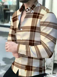 Summer Men's Distressed Cream Brown Plaid Long Sleeve Shirt