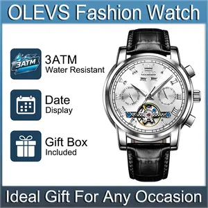 OLEVS 6607 Luxury Men's Automatic Stainless Steel Skeleton Mechanical Watch - Round Face, Roman Numerals Dial, Flywheel, 3ATM Water Resistant, Week/Month/Date Functions, Luminous Hands, Business Wristwatch for Working Gentlemen