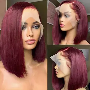 99J Straight Brazilian Hair 99J Burgundy Bob Wigs Human Hair 12inch 13x4 HD Transparent Lace Bob Wig Human Hair 180 Density Lace Front Wig for Women Short Bob Wig Pre Plucked With Baby Hair