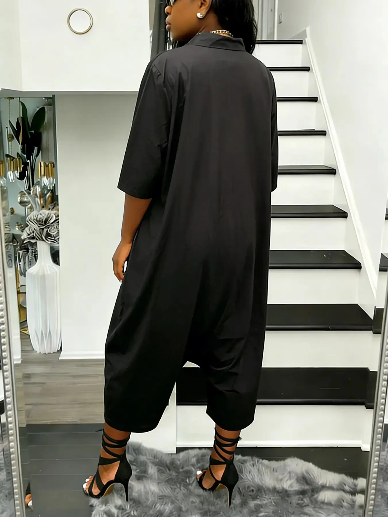 Effortless Style Aesthetic Casual Plain Button Front Harem Cropped Collared Women Jumpsuit, Loose Fit Half Sleeve Wid- Leg Jumpsuit, All-Season Wear Womenswear 1 Piece