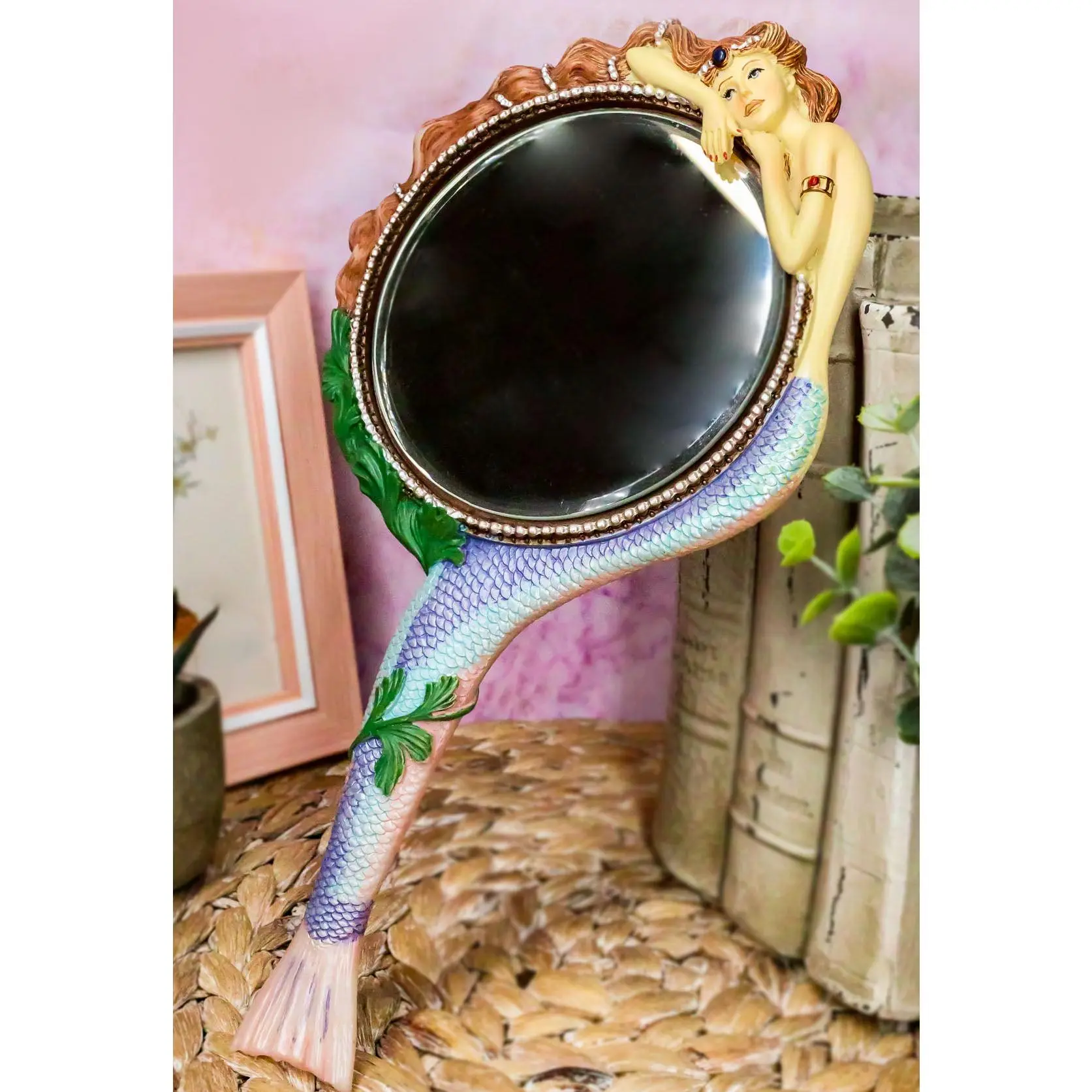 Colorful Atlantis Sirens of The Seas Maiden Mermaid Hand Mirror Figurine Vanity