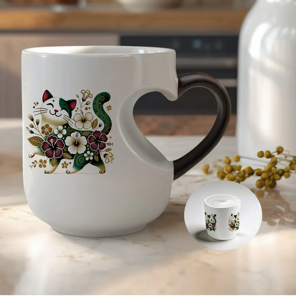 Vintage Cat with Flowers Sublimation Mug, Durable Ceramic Cup for Home & Cafe Use, Ideal for Outdoor Camping & Travel BBQ