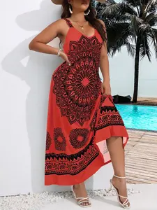 Plus Size Women's Long Strapless Sleeveless Dress, Bohemian Style, Perfect for Travel and Vacation, Casual Fitted All over Print