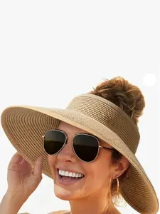 Women's Wide Brim Sun Hat, UV Protection Foldable Beach Hat, Summer Vacation Essential, Tail Braid Design, Must-Have Beach Accessory