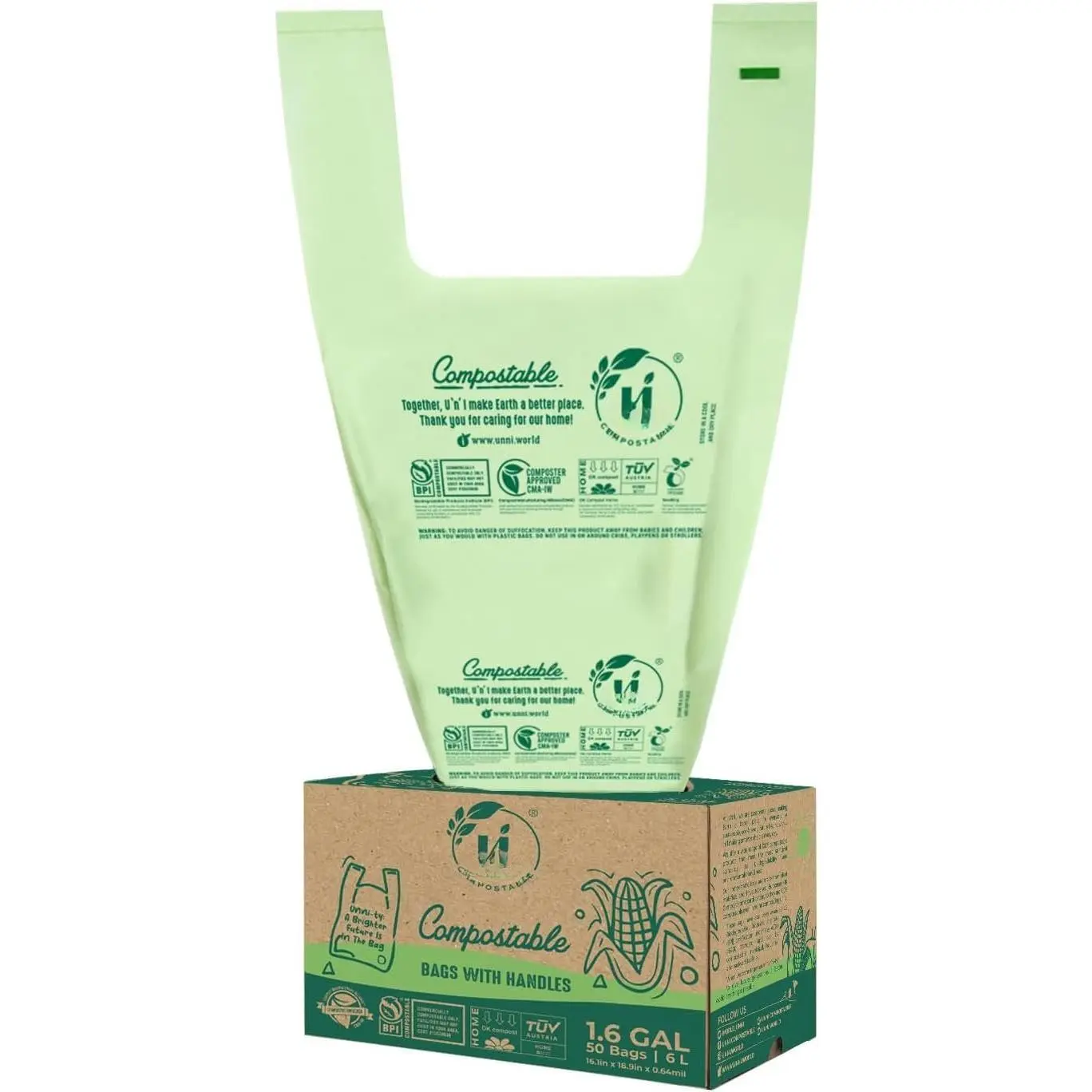 Compostable T-Shirt Bags with Tie Handles, 1.6 Gallon / 6 Liter, 50 Count, 0.64 mil Small Kitchen  Liners, Certified by BPI, CMA & OK compost , Meets ASTM D6400