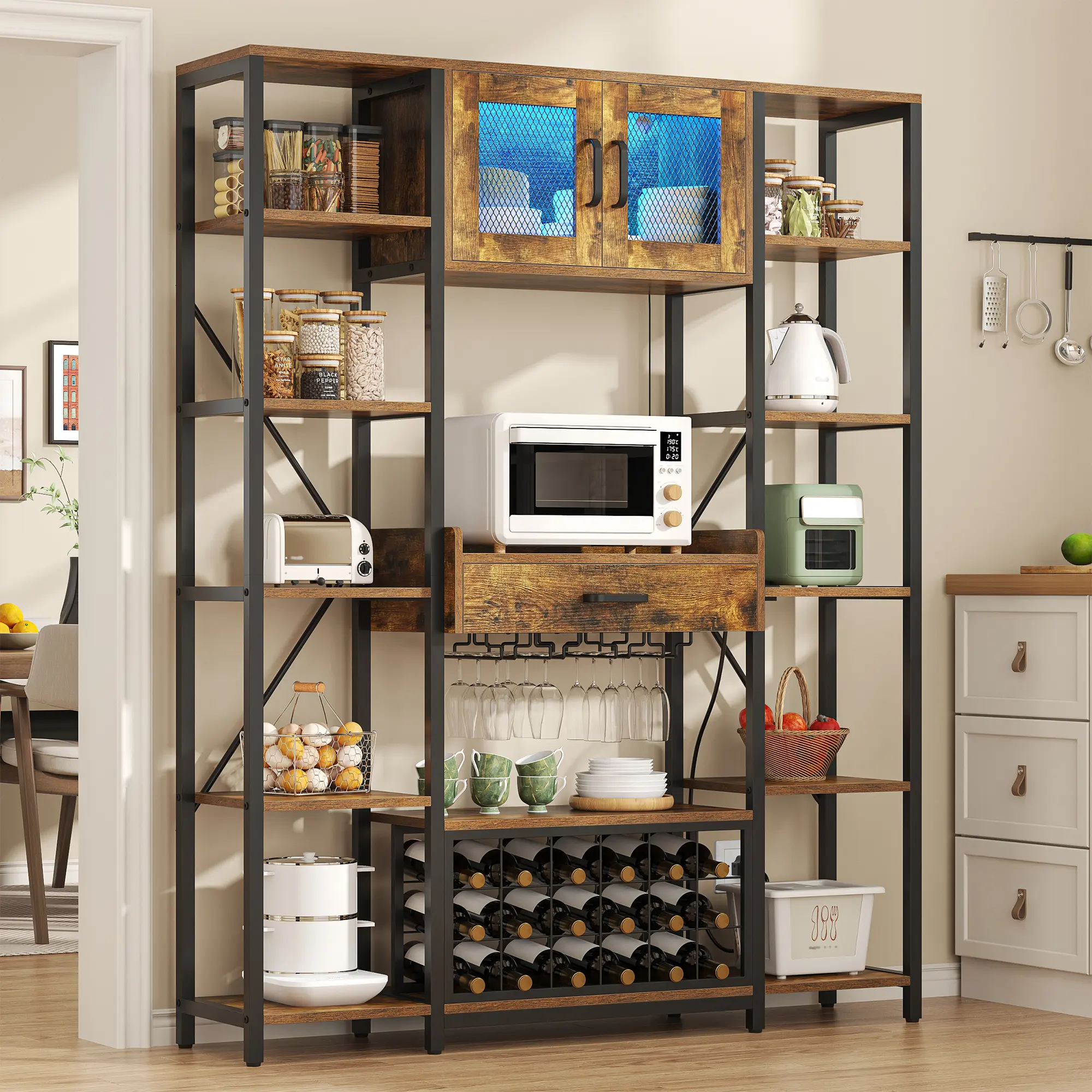 Multi-Functional LED Wood Coffee Bar Cabinet with 18-Bottle Wine Rack, Built-In Power Station (2 Outlets & 2 USB Ports), Adjustable RGB Lighting (20 Dynamic Effects), Drawer & Glass Holder for Entertaining #WineCabinet #BarFurniture, Coffee Bar Cabinets