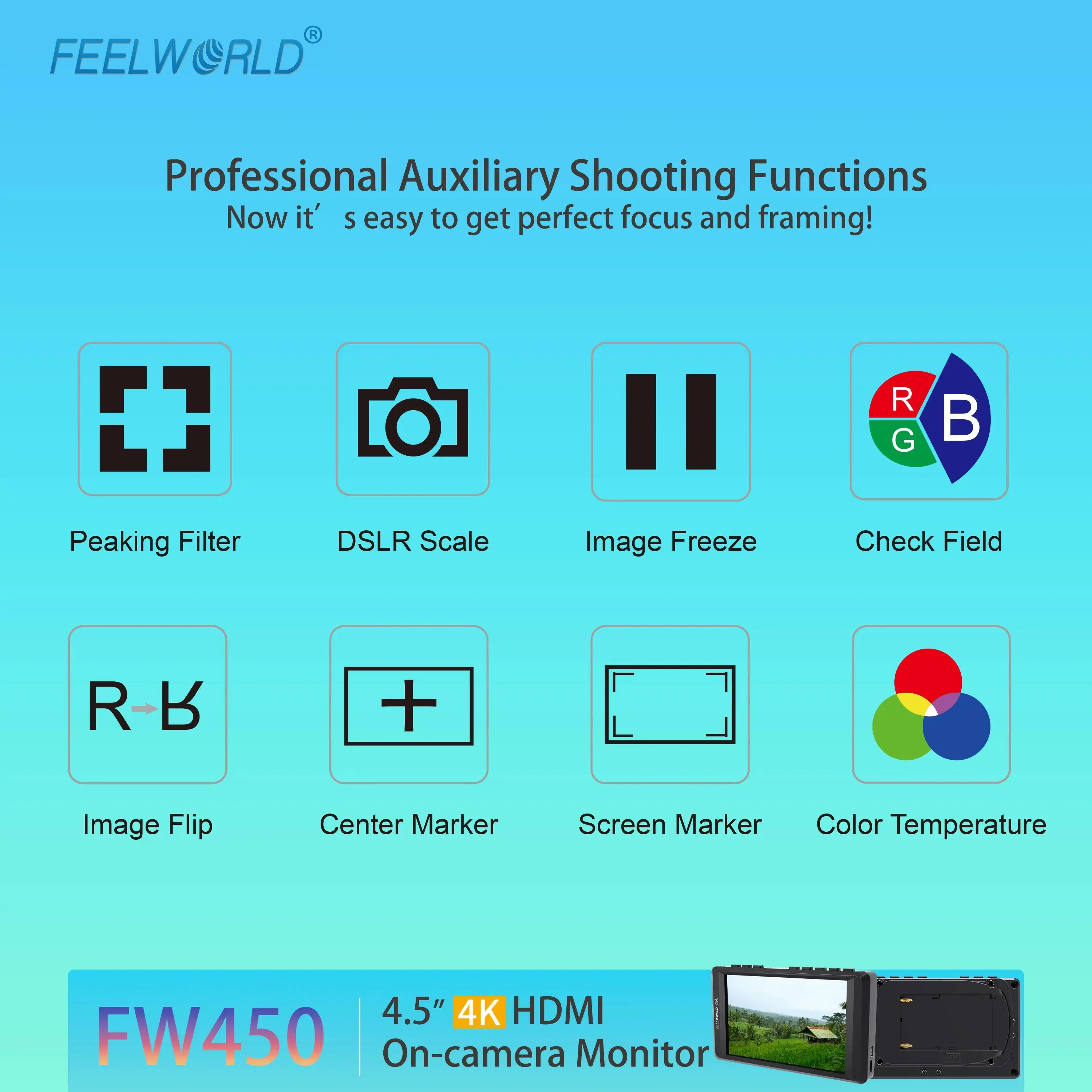 4.5" IPS On-Camera Field Monitor for DSLR, Camera Accessories with 1280x720 HD LED Display, HDMI I/O, 150g Weight, DC7-18V Input Voltage, 126Lx72Hx18D mm Size, Headphone Audio Support