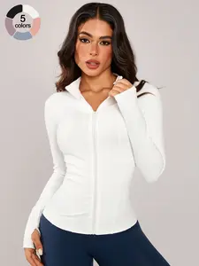 Women's Stand Collar Sport Jacket, Thumb Hole Design, Comfortable Breathable Training Long Sleeve Coat, Gym & Outdoor Cycling Fashion, High Elasticity Jacket