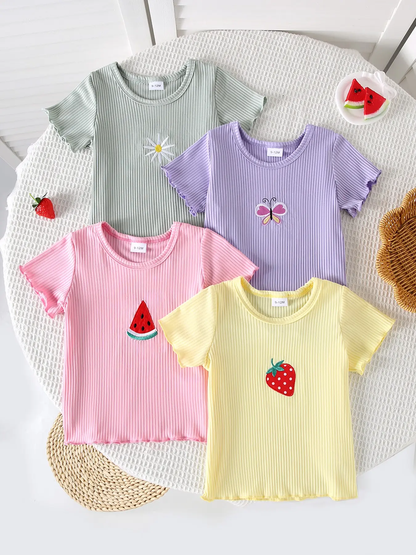 Summer 4-Piece Set for Baby Girls, Pure Color Ribbed Embroidered T-Shirts, Flower Embroidered Top, with Strawberry & Watermelon Embroidery, Fresh & Sweet Round Neckline Short Sleeve Daily Wear Tops, Baby Girl Clothes, Baby Clothing, Toddler Tee
