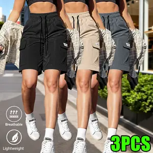 3-pack women’s cargo shorts for summer with elastic waistband, side pockets, and drawstring; durable, multi-pocket, breathable—ideal for outdoor sports and everyday wear.Summervibes