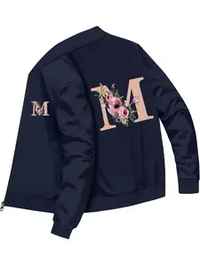 Fashionable Casual Women's Letter M Floral Printed Bomber Jacket for Daily Commuting and Campus Wear