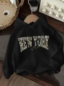 Women's Letter Print Drop Shoulder Hoodie, Fashion Casual Drawstring Kangaroo Pocket Hooded Sweatshirt for Daily Holiday Outdoor Wear, Women Clothing for Winter, Camo Hoodie, Casual Pullover Hoodies