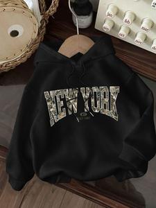 women's letter print drop shoulder hoodie, fashion casual drawstring kangaroo pocket hooded sweatshirt for daily holiday outdoor wear, women clothing for winter, camo hoodie