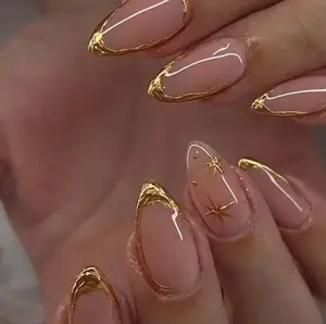 Gold French Press On Nails Almond False Nails Glossy Nude Full Cover Tips