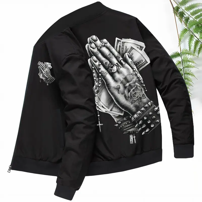 Men's jackets new spring and autumn sports jackets, casual outdoor running clothes fashionable and personalized zipper cardigan retro European and American trendy street style money first prayer print men's clothing suitable for casual wear sports running