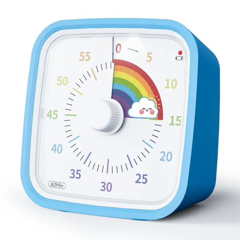 VT01-Blue Rainbow Theme 60-Minute Disk Digital Timer with Protective Case, Silent Alert, LED Display, Center Knob, ABS Healthy Materials, Easy-to-Use Gadget for Cooking, Classroom, Kitchen Accessories (No Magnets)